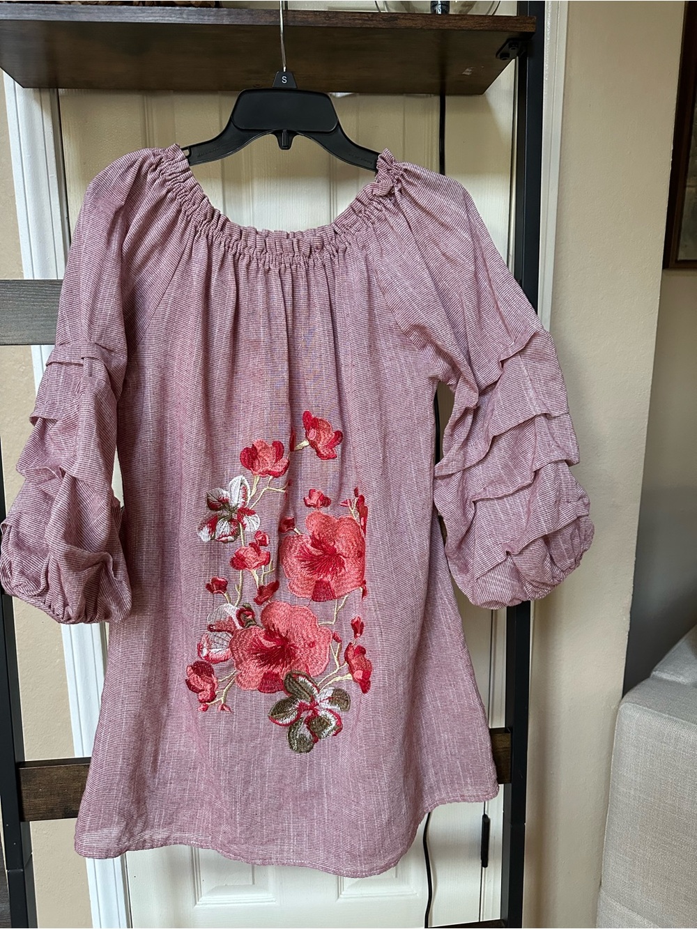 Embroidered Cotton Shift Dress Red White Micro Stripe Statement Sleeves Size L